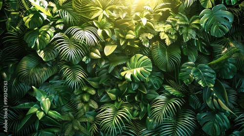 Fototapeta Naklejka Na Ścianę i Meble -  A dense wall of green leaves and ferns, The sunlight shines through the foliage, casting beautiful shadows on the ground below. A lush, vibrant jungle setting.