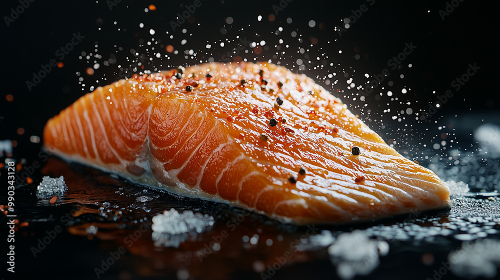 fresh salmon fillet steak in dark background, healthy eating concept with sprinkle salt fresh salmon fillet steak in dark background, healthy eating concept with sprinkle salt