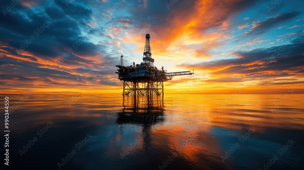 Eerie Sunset Reflections on Abandoned Offshore Oil Rig Amid Polluted Waters Eerie Sunset Reflections on Abandoned Offshore Oil Rig Amid Polluted Waters