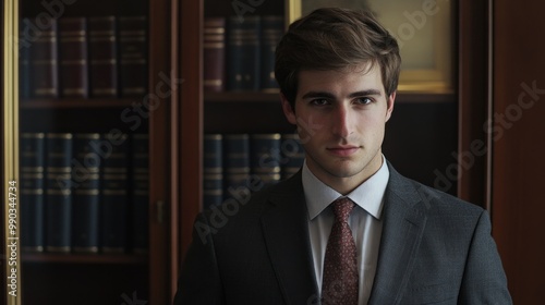 Portrait of a confident young businessman in a suit, standing in front of bookshelves in an elegant office environment.