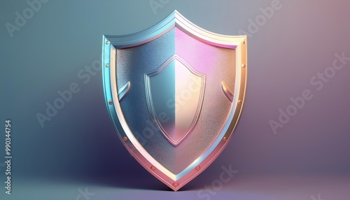 Free Download A stylized, futuristic shield with a reflective surface, showcasing iridescent colors against a soft gradient background. - GFXLoad