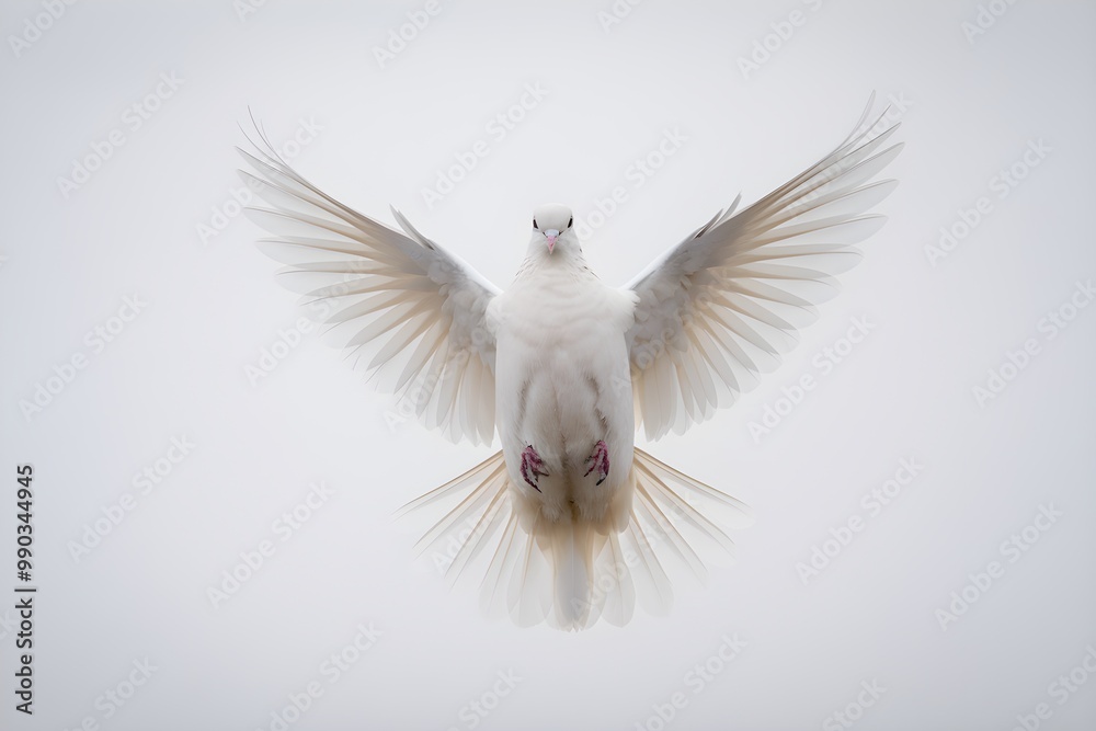 Obraz premium White dove with spread wings, gradient feathers, serene flight against white background