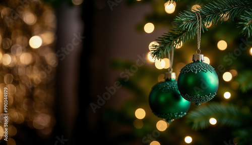 green christmas ball hang on the trees on blurred background for christmas concept