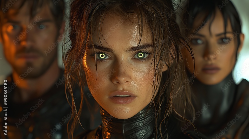 Intense moment featuring characters with glowing eyes in a dystopian setting Intense moment featuring characters with glowing eyes in a dystopian setting