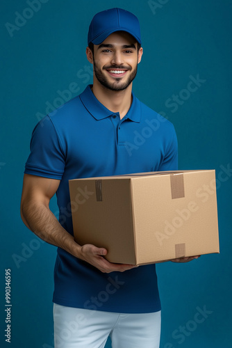 smiling delivery man handing over a large box