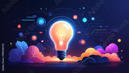 Creative mind or brainstorm or creative idea concept with abstract human head silhouette and hand holding bulb lamp surrounded abstract 3d shapes and human brain in bright colors. Vector illustration