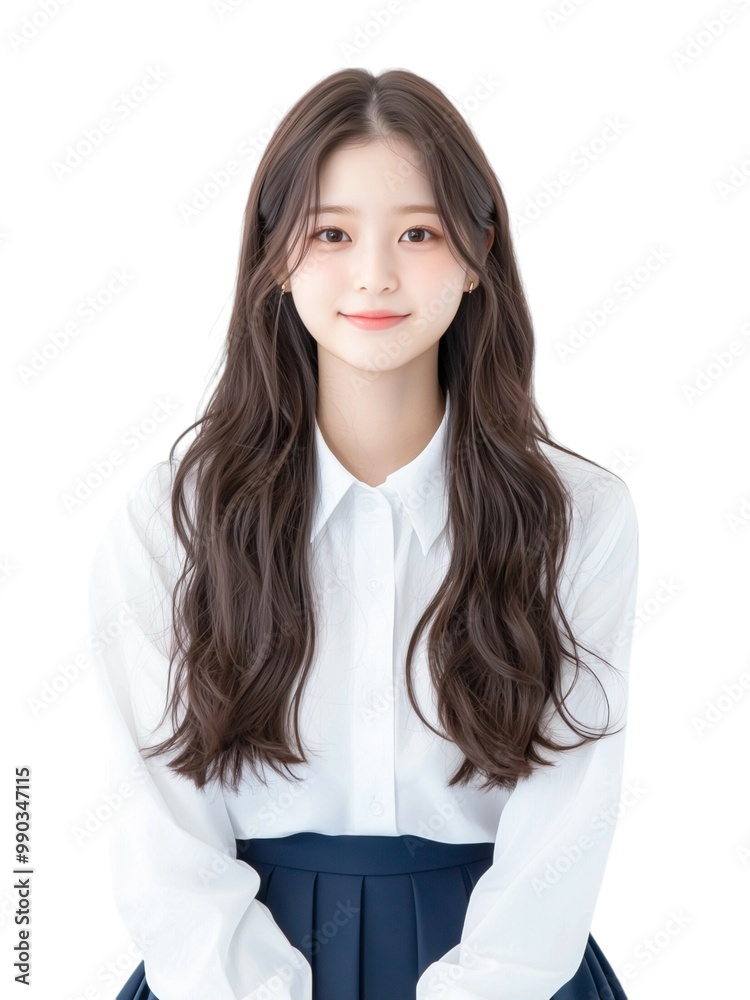 Cheerful Young Woman with Long Brown Hair in White Top Cheerful Young Woman with Long Brown Hair in White Top