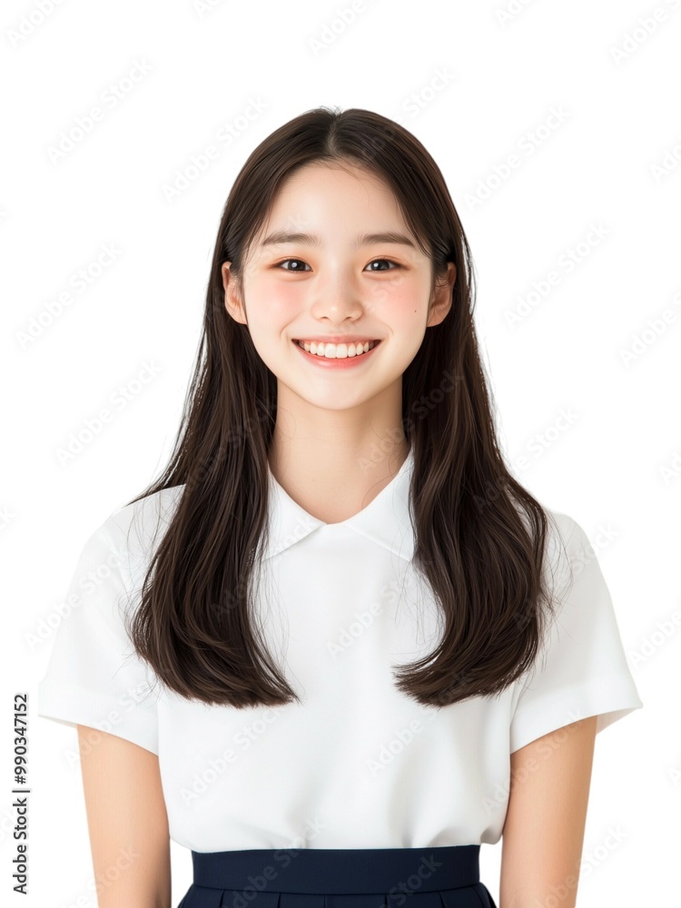Cheerful Young Woman with Long Brown Hair in White Top Cheerful Young Woman with Long Brown Hair in White Top