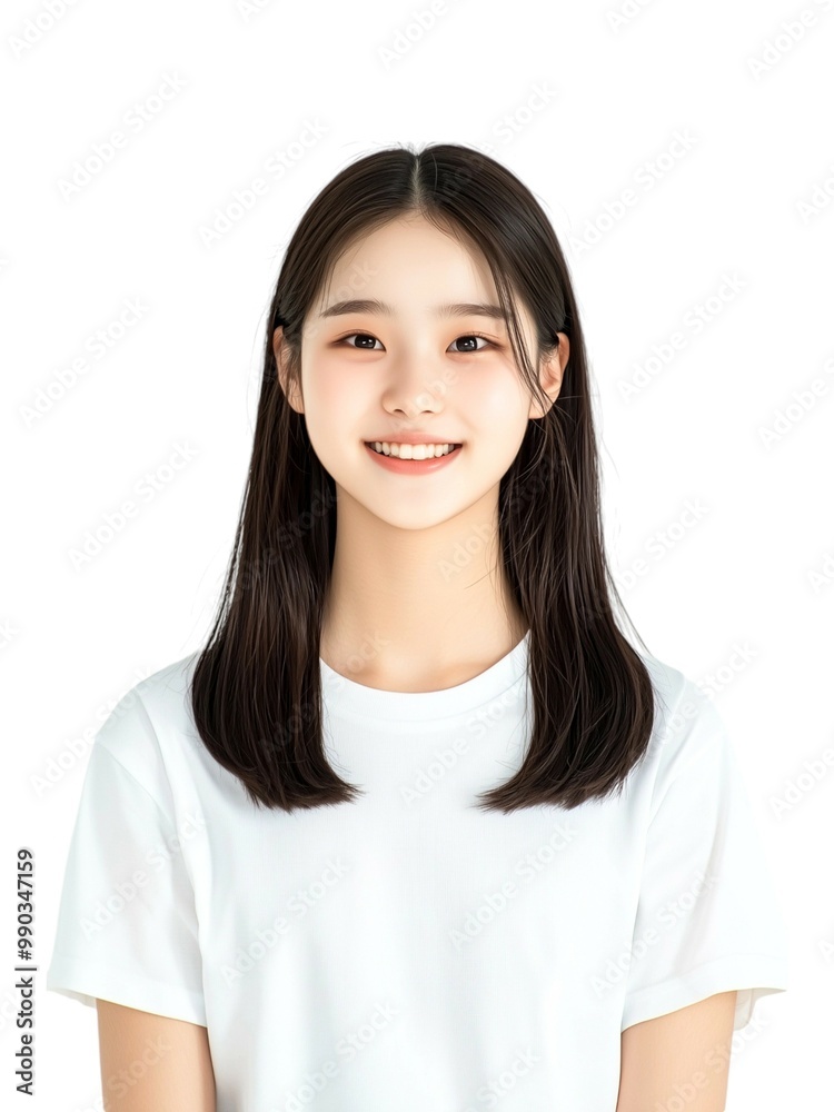 Cheerful Young Woman with Long Brown Hair in White Top Cheerful Young Woman with Long Brown Hair in White Top