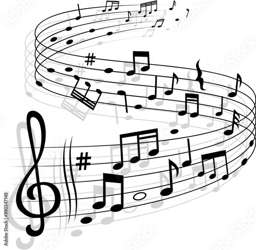 Song wave with music notes, vector sound swirl with musical notes, treble clef and signs on curvy stave. Melody monochrome swirl, jazz club performance, classical opera concert and orchestra symphony