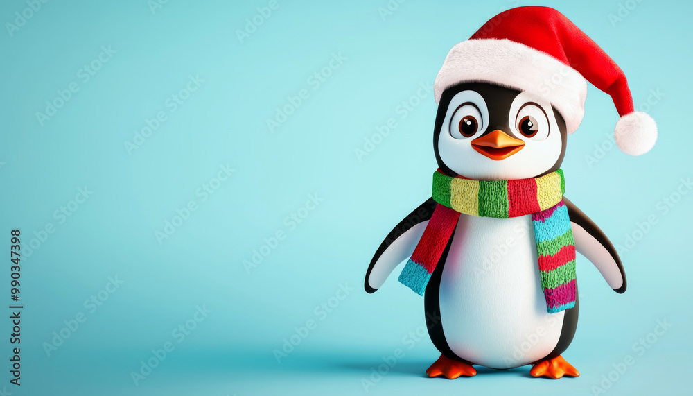Fototapeta premium A cheerful penguin wearing a Santa hat and a colorful scarf, set against a light blue background, perfect for holiday themes.