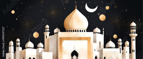 Ramadan Kareem greeting template illustration. vector Islamic background, mosque watercolor style, Muslim holy day, 
Islamic Ramadan Kareem Eid greeting card design