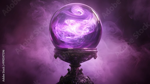 A giant crystal ball resting on an ornate stand, with swirling mist inside photo