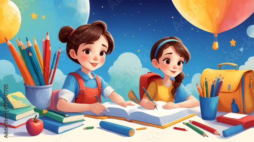 Illustration of Children's Day. Children, books reading in home with friends, learning or diversity for reading at school playground. Kids, education or study with support, water color style	