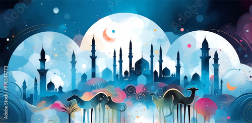 Ramadan Kareem greeting template illustration. vector Islamic background, mosque watercolor style, Muslim holy day, 
Islamic Ramadan Kareem Eid greeting card design