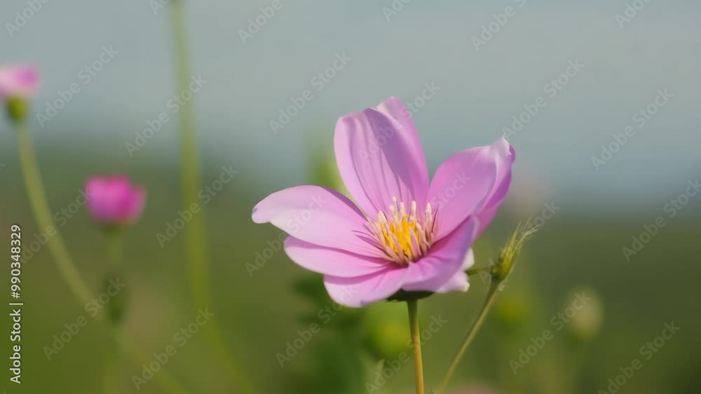 Close-up of a pink cosmos flower blooming in a sunny garden Close-up of a pink cosmos flower blooming in a sunny garden
