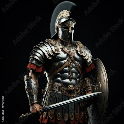 Roman centurion in armour isolated on black background.