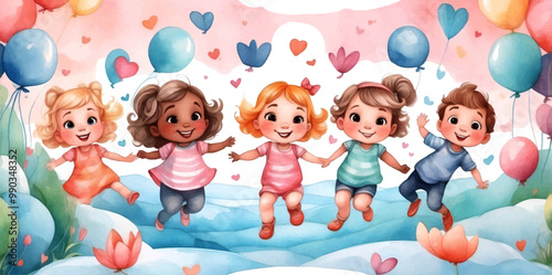 Kids in kindergarten play with their favorite rain playing garden, children drawings. watercolor banner. Funny cartoon characters. Vector illustration. Isolated on white background