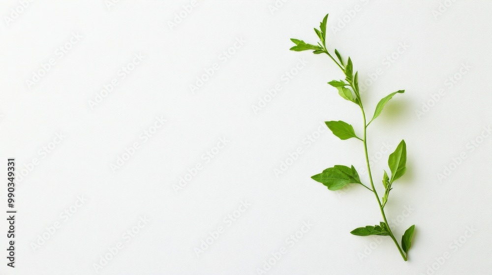 A single green leaf branch displayed on a crisp white background, illustrating simplicity and nature's elegance. A single green leaf branch displayed on a crisp white background, illustrating simplicity and nature's elegance.