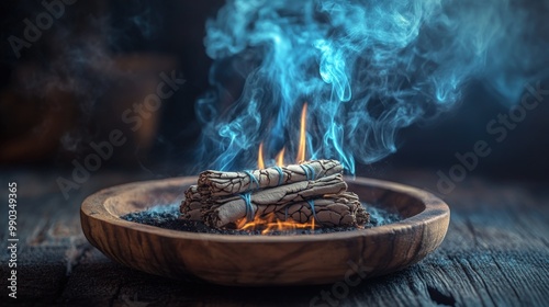 Smoldering white sage bundle on a wooden plate with blue smoke rising.