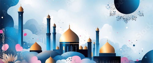 Ramadan Kareem greeting template illustration. vector Islamic background, mosque watercolor style, Muslim holy day, 
Islamic Ramadan Kareem Eid greeting card design
