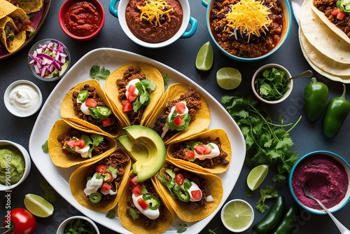 Wallpaper Mural Vibrant Aerial View of a Shareable Mexican Taco Feast with Assorted Dips and Toppings Torontodigital.ca