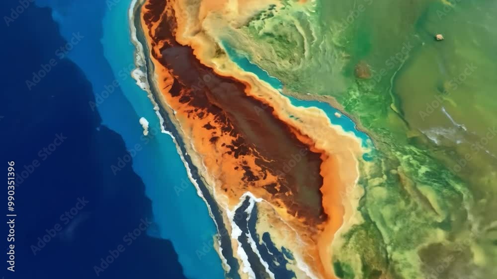 An aerial perspective reveals a striking coastal area with vivid layers ...