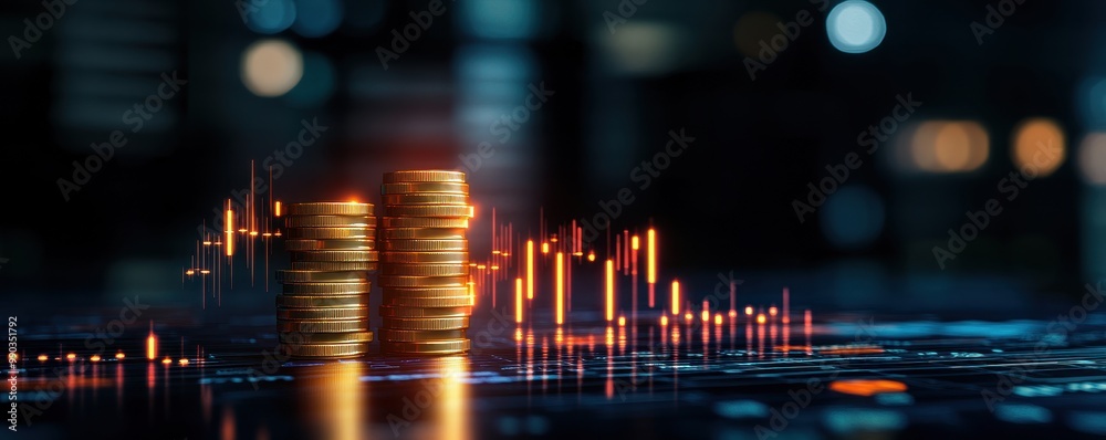 A close-up of stacked coins and financial charts depicting growth and investment trends in a digital environment.