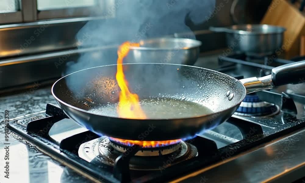 A frying pan on a stove with steam rising, indicating cooking in progress. A frying pan on a stove with steam rising, indicating cooking in progress.