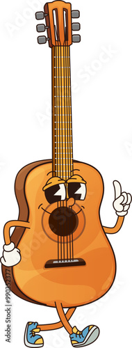 Cartoon acoustic guitar groovy musical instrument character. Isolated vector personage with smiling face showing pointing gesture. Educational playing music classes for kids, musician equipment store
