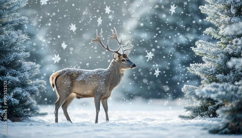 A serene winter scene featuring a deer amidst falling snowflakes and snow-covered trees, evoking a peaceful, magical atmosphere. A serene winter scene featuring a deer amidst falling snowflakes and snow-covered trees, evoking a peaceful, magical atmosphere.