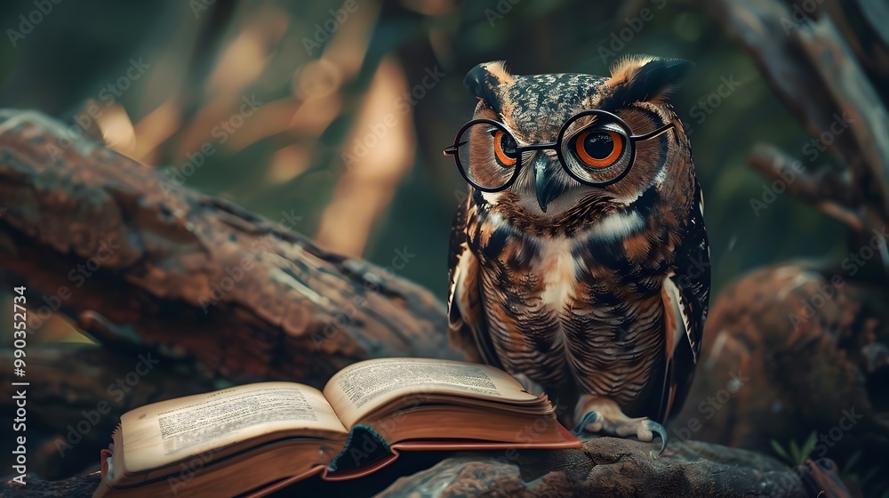 Wise Owl with Glasses Perched on Tree Branch Amidst Old Books Wise Owl with Glasses Perched on Tree Branch Amidst Old Books