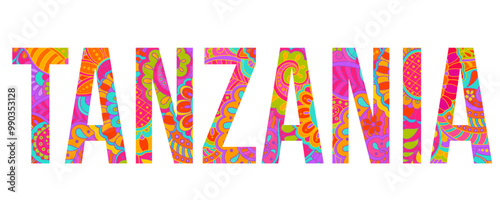 Tanzania country creative text design filled with colorful doodle pattern