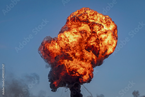 Valokuvatapetti A large fireball from a munitions explosion against a blue sky
