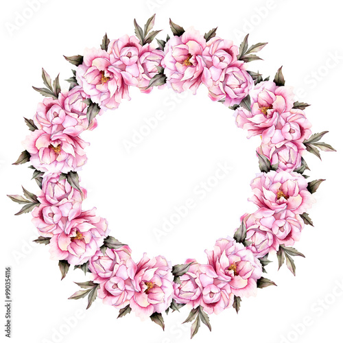 Beautiful floral wreath of peony flowers. Watercolor pink peonies isolated on white background.Round floral frame