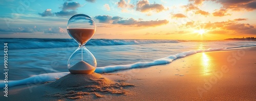 Hourglass on the beach at sunset with waves and golden sand.