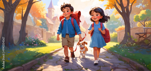 Cute children going to school together. Little different kids are happy to be back to school. Flat vector illustration colorful background
