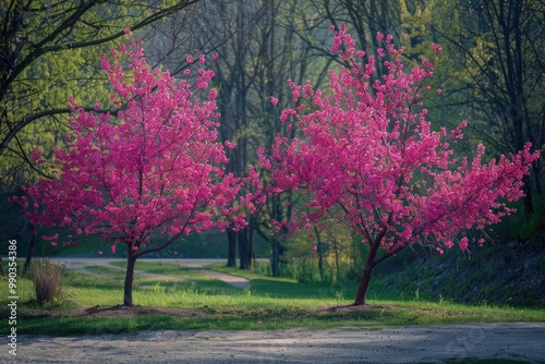 Flowering Tree. Springtime Beauty: Two Bright and Colorful Redbud Trees in Full Bloom