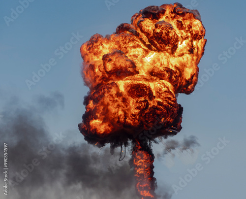 Fotografie A large fireball from a munitions explosion against a blue sky
