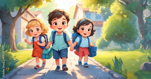Cute children going to school together. Little different kids are happy to be back to school. Flat vector illustration colorful background
