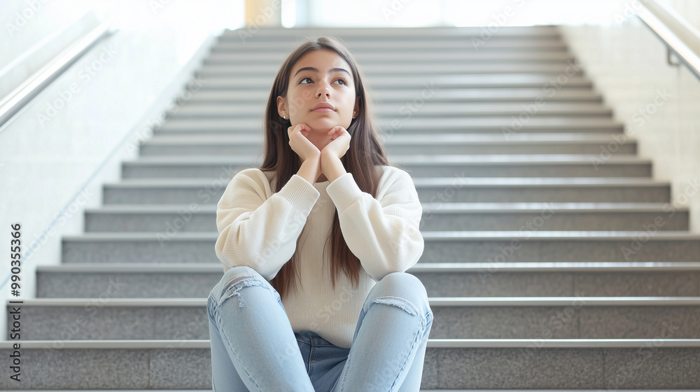 A young student in casual clothes sitting on a staircase, with her legs folded beneath her and her hand resting on her chin, lost in deep thought and daydreaming photo A young student in casual clothes sitting on a staircase, with her legs folded beneath her and her hand resting on her chin, lost in deep thought and daydreaming photo