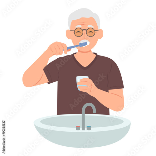 Old man brushing teeth. Male character uses toothbrush. Grandfather monitors oral hygiene.Vector illustration