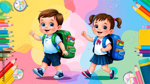 Cute children going to school together. Little different kids are happy to be back to school. Flat vector illustration colorful background