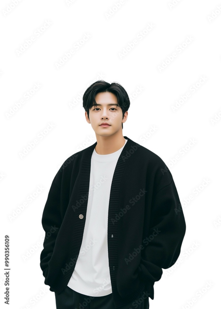 Elegant Man in Casual Black Cardigan Over White Shirt Elegant Man in Casual Black Cardigan Over White Shirt