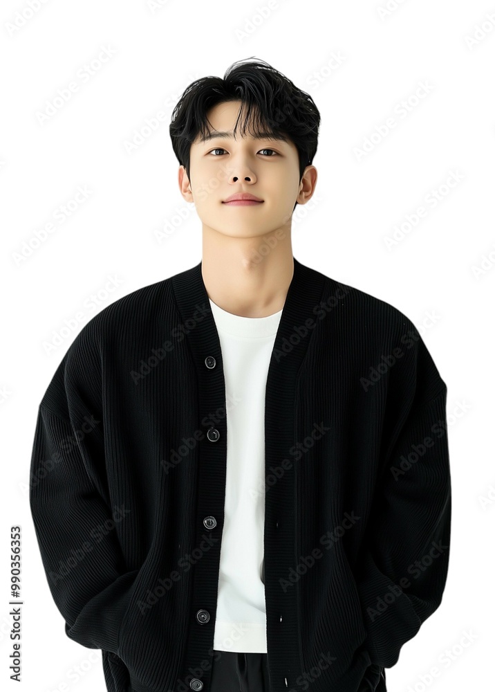 Elegant Man in Casual Black Cardigan Over White Shirt Elegant Man in Casual Black Cardigan Over White Shirt