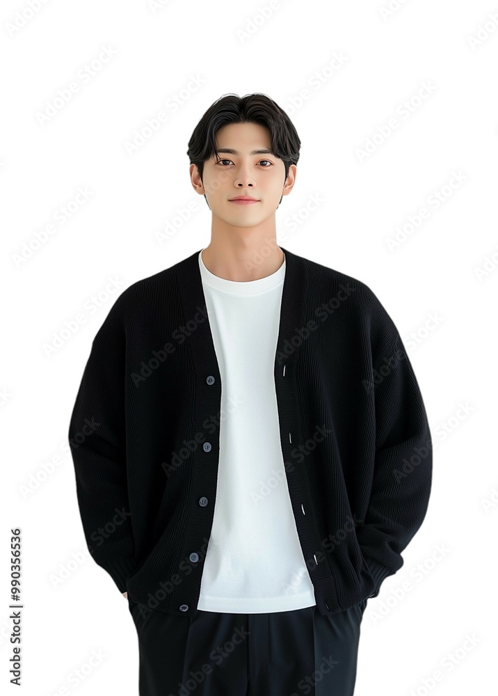 Elegant Man in Casual Black Cardigan Over White Shirt Elegant Man in Casual Black Cardigan Over White Shirt