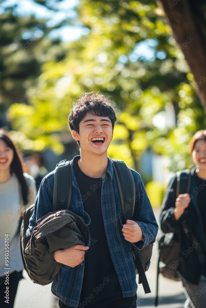 Joyful Japanese Student Walking Outdoors Joyful Japanese Student Walking Outdoors