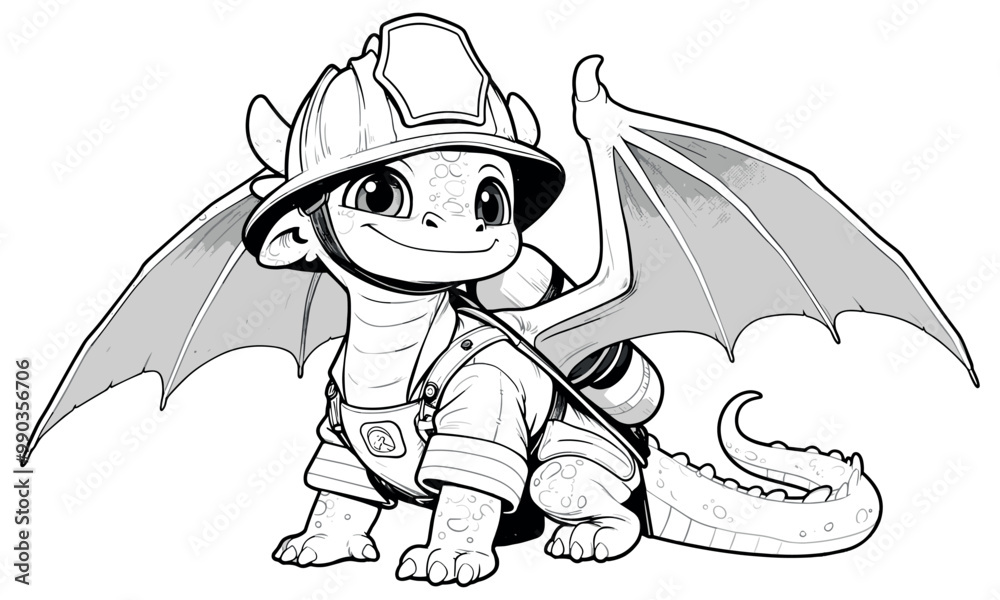 Cartoon Baby Dragon Firemans Suit and Helmet Coloring Book Page for Kids Adorable Illustration Fun Theme Playful Fantasy Creature Drawing for Children Heroic Adventure Art Page Cartoon Baby Dragon Firemans Suit and Helmet Coloring Book Page for Kids Adorable Illustration Fun Theme Playful Fantasy Creature Drawing for Children Heroic Adventure Art Page
