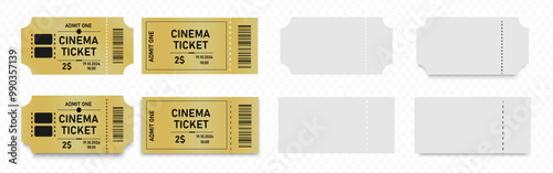 Golden cinema ticket with barcode. White empty cinema ticket. Admit one coupon 