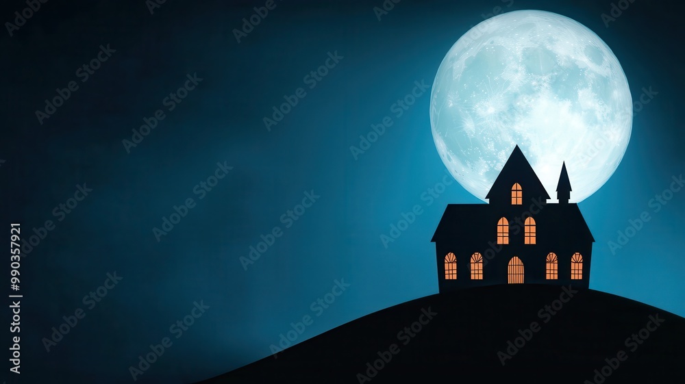 Fototapeta premium A silhouette of a spooky house on a hill illuminated by the light of a large moon, creating an eerie, night-time atmosphere.